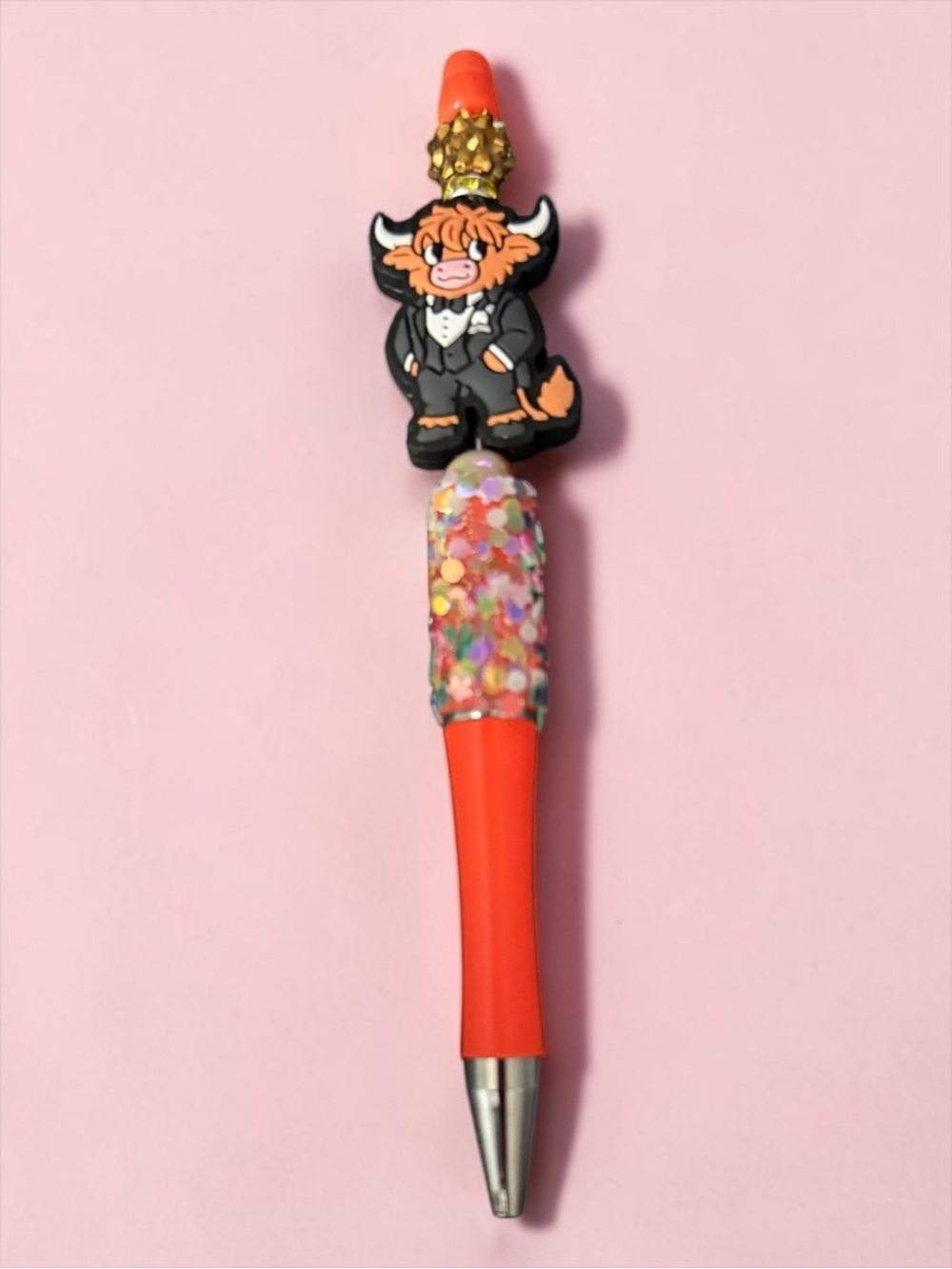 Orange Confetti Ballpoint Pen with Highland Cow Cartoon Charm